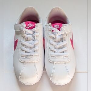 Nike Cortez White Sneakers with Pink Swoosh, Easy On Kids 13